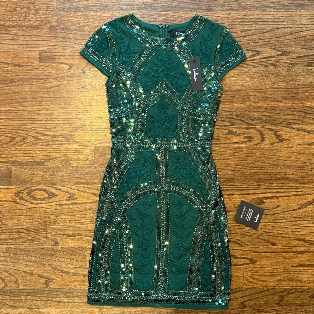 NWT Lulus Spread Your Shine Emerald Green Sequin Embroidered Bodycon Dress - Picture 2 of 10